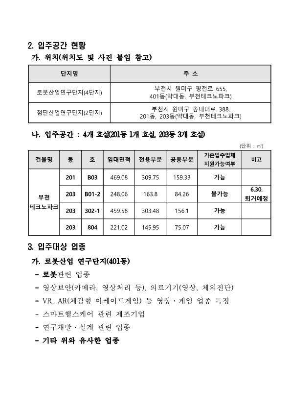 2. 입주공간 현황  가. 위치(위치도 및 사진 붙임 참고)  단지명, 주 소로 구성된 표. 로봇산업연구단지(4단지) 부천시 원미구 평천로 655,  401동(약대동, 부천테크노파크) 첨단산업연구단지(2단지) 부천시 원미구 송내대로 388,  201동, 203동(약대동, 부천테크노파크)     나. 입주공간 : 4개 호실(201동 1개 호실, 203동 3개 호실)(단위 : ㎡)  건물명 부천 테크노파크 동 201 호 B03 임대면적 469.08 전용부분 309.75 공용부분 159.33 기존입주업체 지원가능여부 가능 비고  동 203 호 B01-2 임대면적 248.06 전용부분 163.8 공용부분 84.26 기존입주업체 지원가능여부 불가능 비고 6.30. 퇴거예정  동 203 호 302-1 임대면적 459.58 전용부분 303.48 공용부분 156.1 기존입주업체 지원가능여부 가능  동 203 호 804 임대면적 221.02 공용부분 145.95 공용부분 75.07 기존입주업체 지원가능여부 가능    3. 입주대상 업종  가. 로봇산업 연구단지(401동)    - 로봇관련 업종   - 영상보안(카메라, 영상처리 등), 의료기기(영상, 체외진단)   - VR, AR(체감형 아케이드게임) 등 영상·게임 업종 특정   - 스마트헬스케어 관련 제조기업   - 연구개발·설계 관련 업종   - 기타 위와 유사한 업종