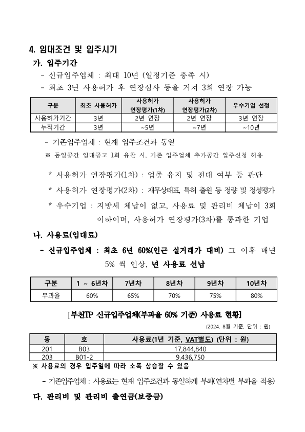 4. 임대조건 및 입주시기  가. 입주기간     - 신규입주업체 : 최대 10년 (일정기준 충족 시)    - 최초 3년 사용허가 후 연장심사 등을 거쳐 3회 연장 가능  사용허가기간 최초 사용허가 3년 사용허가 연장평가(1차) 2년 연장 사용허가 연장평가(2차) 2년 연장 우수기업 선정 3년 연장  누적기간 최초 사용허가 3년 사용허가 연장평가(1차 ~5년 사용허가 연장평가(2차) ~7년 우수기업 선정 ~10년        - 기존입주업체 : 현재 입주조건과 동일      ※ 동일공간 임대공고 1회 유찰 시, 기존 입주업체 추가공간 입주신청 허용        * 사용허가 연장평가(1차) : 업종 유지 및 전대 여부 등 판단      * 사용허가 연장평가(2차) : 재무상태표, 특허 출원 등 정량 및 정성평가      * 우수기업 : 지방세 체납이 없고, 사용료 및 관리비 체납이 3회 이하이며, 사용허가 연장평가(3차)를 통과한 기업   나. 사용료(임대료)    - 신규입주업체 : 최초 6년 60%(인근 실거래가 대비) 그 이후 매년 5% 씩 인상, 년 사용료 선납  구분, 부과율로 구성된 표. 1 ~ 6년차 60% 7년차 65% 8년차 70% 9년차 75% 10년차 80%  [부천TP 신규입주업체(부과율 60% 기준) 사용료 현황](2024. 8월 기준, 단위 : 원)  동 201 호 B03 사용료(1년 기준, VAT별도) (단위 : 원) 17,844,840 동 203 호 B01-2 사용료(1년 기준, VAT별도) (단위 : 원) 9,436,750   ※ 사용료의 경우 입주일에 따라 소폭 상승할 수 있음     - 기존입주업체 : 사용료는 현재 입주조건과 동일하게 부과(연차별 부과율 적용)  다. 관리비 및 관리비 출연금(보증금)