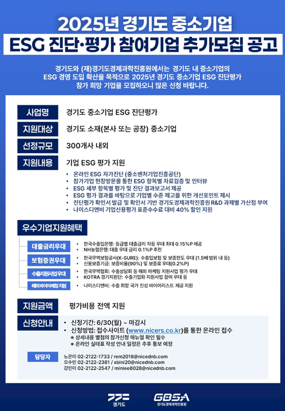 2025년 경기도 중소기업 ESG 진단‧평가 참여기업 추가모집 포스터.  제목: “2025년 경기도 중소기업 ESG 진단·평가 참여기업 추가모집 공고”.  주요 안내: 경기도와 (재)경기도경제과학진흥원이 도내 중소기업의 ESG 경영 확산을 위해 참가 기업을 모집.  사업명: 경기도 중소기업 ESG 진단평가.  지원대상: 경기도에 본사 또는 공장이 있는 중소기업.  선정규모: 약 300개사.  지원내용:  온라인 ESG 자가진단(중소벤처기업진흥공단)  현장 방문을 통한 자료 검증 및 인터뷰  세부 항목별 평가와 진단 결과보고서 제공  기업별 개선 포인트 제시  진단평가 확인서 발급 및 경기도경제과학진흥원 R&D 과제 가산점 부여  나이스디앤비 기업신용평가 수수료 40% 할인  우수기업 지원혜택: • 대출금리 우대(수출입은행·NH농협은행) • 보험증권 우대(K-SURE, 신용보증기금) • 수출·해외마케팅 사업 우대(무역협회, KOTRA) • 해외 바이어 리스트 제공(나이스디앤비)  지원금액: 평가비용 전액 지원.  신청기간: 6월 30일(월)부터 마감 시까지.  신청방법: 홈페이지 www.nicers.co.kr 온라인 접수(참가신청 매뉴얼 확인 필수).  담당자 연락처: • 노원민 02-2122-1733, rem2018@nicendb.com • 오선리 02-2122-2381, sinbi20@nicendb.com • 강민이 02-2122-2547, minlee8208@nicendb.com  하단에 경기도와 경기경제과학진흥원(GBSA) 로고 배치.