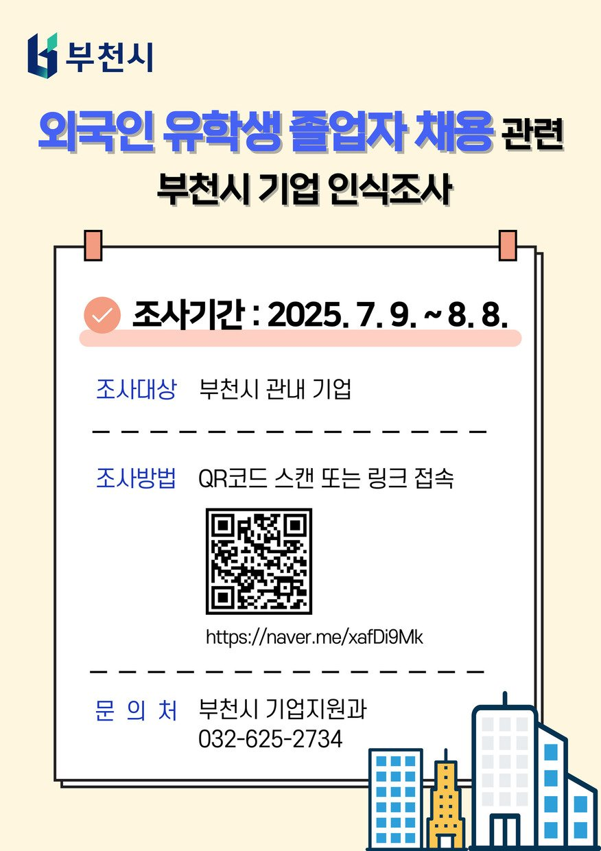 부천시 로고와 함께 “외국인 유학생 졸업자 채용 관련 부천시 기업 인식조사”라는 제목이 적힌 포스터로, 조사기간은 2025년 7월 9일부터 8월 8일까지이며 대상은 부천시 관내 기업, 참여 방법은 QR 코드 스캔 또는 링크(https://naver.me/xafDi9Mk) 접속, 문의처는 부천시 기업지원과(032-625-2734); 우하단에 건물 일러스트가 배치되어 있다.