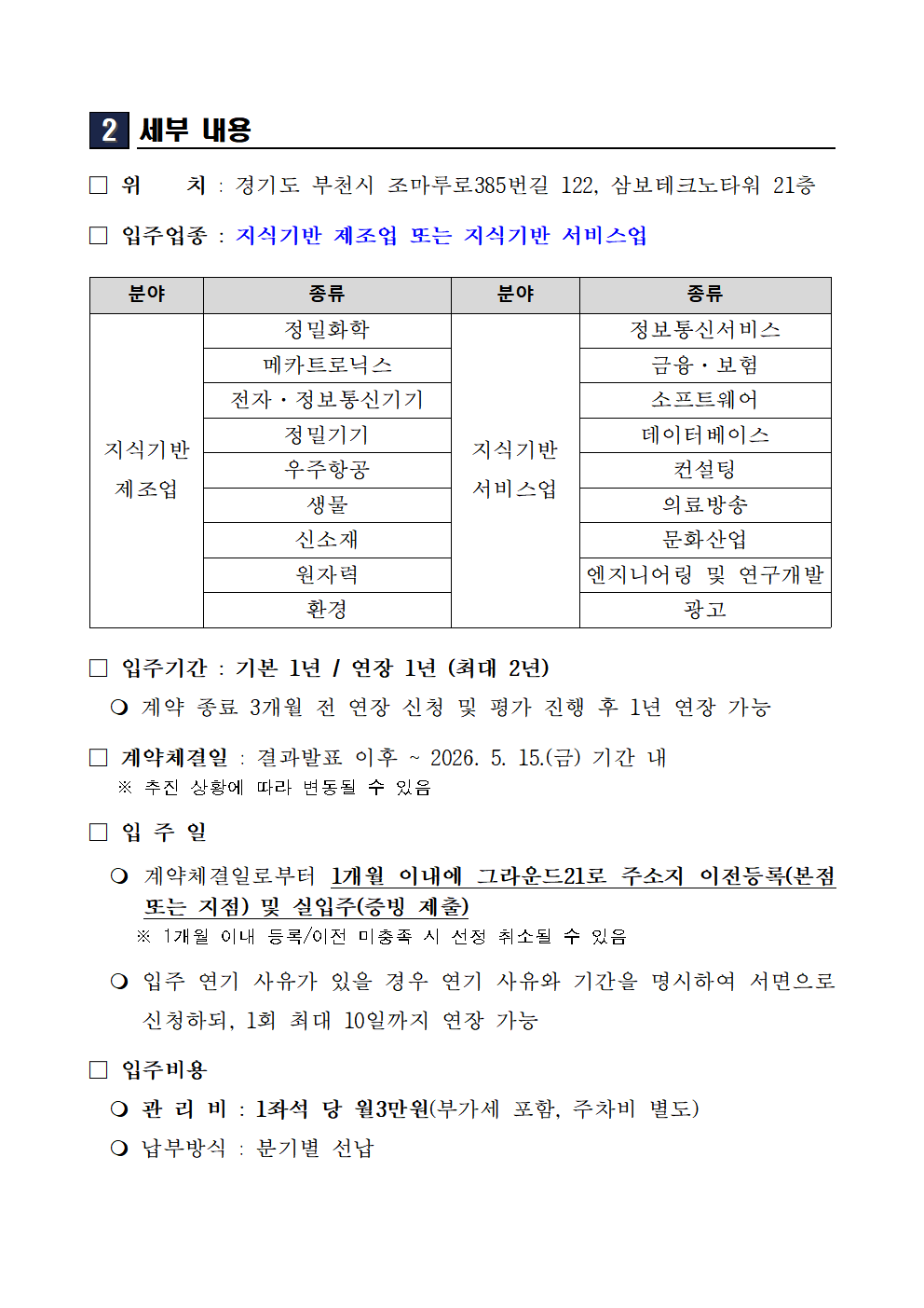 세부 내용 위치 경기도 부천시 조마루로 385번길 122 삼보테크노타워 21층 입주업종 지식기반 제조업 또는 지식기반 서비스업 지식기반 제조업 정밀화학 메카트로닉스 전자 정보통신기기 정밀기기 우주항공 생물 신소재 원자력 환경 지식기반 서비스업 정보통신서비스 금융 보험 소프트웨어 데이터베이스 컨설팅 의료방송 문화산업 엔지니어링 및 연구개발 광고 입주기간 기본 1년 연장 1년 최대 2년 계약 종료 3개월 전 연장 신청 및 평가 후 연장 가능 계약체결일 결과발표 이후부터 2026년 5월 15일까지 입주일 계약체결일로부터 1개월 이내 주소지 이전등록 및 실입주 입주 연기 시 최대 10일까지 연장 가능 입주비용 관리비 1좌석당 월 3만원 부가세 포함 주차비 별도 분기별 선납