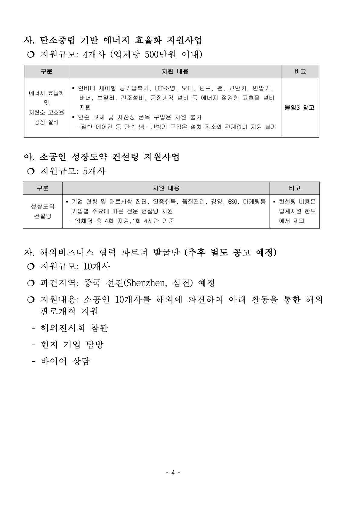 2026년 부천 신흥 전기·장비 소공인특화지원센터 지원사업 통합 모집 공고 4페이지이다. 탄소중립 기반 에너지 효율화 지원사업, 소공인 성장도약 컨설팅 지원사업, 해외비즈니스 협력 파트너 발굴단의 지원 내용이 안내되어 있다. 에너지 효율화 지원사업은 인버터 제어형 공기압축기, LED 조명, 모터, 펌프, 팬, 교반기, 변압기, 보일러, 공정냉각 설비 등 에너지 절감형 고효율 설비를 지원하며 단순 교체나 자산성 품목 구입은 지원하지 않는다. 성장도약 컨설팅은 기업 현황과 애로사항 진단, 인증 취득, 품질관리, 경영, ESG, 마케팅 등 기업별 수요에 따른 전문 컨설팅을 제공한다. 해외비즈니스 협력 파트너 발굴단은 중국 선전 지역 파견을 예정하고 있으며, 해외전시회 참관, 현지 기업 탐방, 바이어 상담 등을 통한 해외 판로 개척을 지원한다.