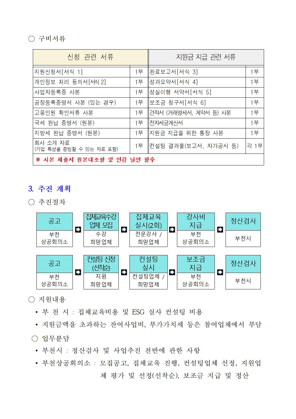 ○ 구비서류 신청 관련 서류: 지원신청서[서식 1] 1부, 개인정보 처리 동의서[서식 2] 1부, 사업자등록증 사본 1부, 공장등록증명서 사본 (있는 경우) 1부, 고용인원 확인서류 사본 1부, 국세 완납 증명서 (원본) 1부, 지방세 완납 증명서 (원본) 1부, 회사 소개 자료 (기업 특성을 증빙할 수 있는 자료 포함) 1부. 지원금 지급 관련 서류: 완료보고서[서식 3] 1부, 성과요약서[서식 4] 1부, 성실이행 서약서[서식 5] 1부, 보조금 청구서[서식 6] 1부, 견적서 (거래명세서, 계약서 등) 사본 1부, 전자세금계산서 1부, 지원금 지급을 위한 통장 사본 1부, 컨설팅 결과물(보고서, 자가공시 등) 각 1부. ※ 사본 제출시 원본대조필 및 인감 날인 필수 3. 추진 계획 ○ 추진절차 [집체교육]: 공고 (부천상공회의소) -> 집체교육수강 업체 모집 (수강 희망업체) -> 집체교육 실시(2회) (전문강사 / 희망업체) -> 강사비 지급 (부천상공회의소) -> 정산검사 (부천시). [컨설팅]: 공고 (부천상공회의소) -> 컨설팅 신청(선착순) (지원 희망업체) -> 컨설팅 실시 (컨설팅업체 / 희망업체) -> 보조금 지급 (부천상공회의소) -> 정산검사 (부천시). ○ 지원내용 • 부 천 시 : 집체교육비용 및 ESG 실사 컨설팅 비용 • 지원금액을 초과하는 잔여사업비, 부가가치세 등은 참여업체에서 부담 ○ 업무분담 • 부천시 : 정산검사 및 사업추진 전반에 관한 사항 • 부천상공회의소 : 모집공고, 집체교육 진행, 컨설팅업체 선정, 지원업체 평가 및 선정(선착순), 보조금 지급 및 정산