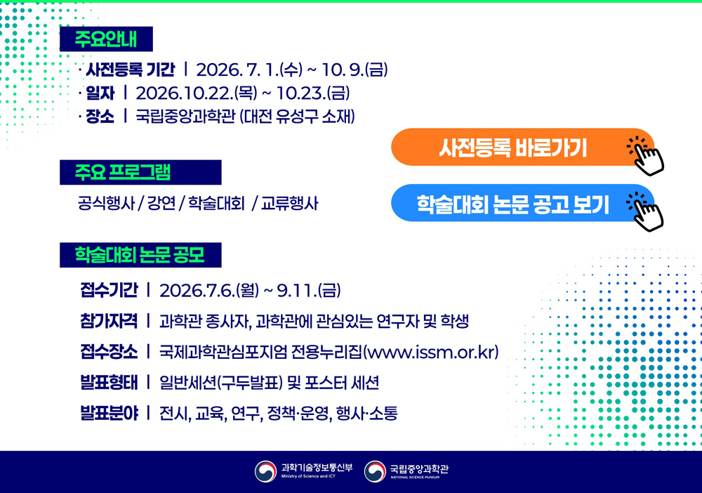 제16회 국제과학관심포지엄 주요 일정 및 학술대회 논문 공고 안내. 사전등록은 2026년 7월 1일부터 10월 9일까지이며, 행사는 10월 22일부터 23일까지 대전 국립중앙과학관에서 열린다. 주요 프로그램은 공식행사, 강연, 학술대회, 교류행사이다. 논문 접수 기간은 7월 6일부터 9월 11일까지이며, 과학관 종사자와 과학관에 관심 있는 연구자 및 학생이 참여할 수 있다. 발표 형식은 구두·포스터 발표이고, 분야는 전시, 교육, 연구, 정책·운영, 행사·소통이다. 국제과학관심포지엄 누리집에서 접수할 수 있다.