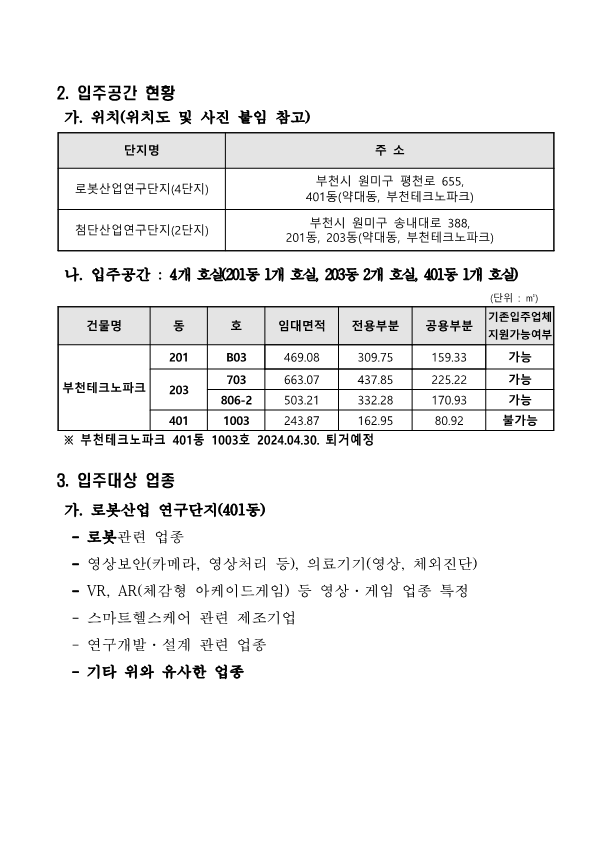 2.입주공간 현황 가. 위치(위치도 및 사진 붙임 참고) 단지명, 비고로 구성된 위치 표. 로봇산업연구단지(4단지) - 부천시 원미구 평천로 655, 401동(약대동, 부천테크노파크) 첨단산업연구단지(2단지) - 부천시 원미구 송내대로 388, 201동, 203동(약대동, 부천테크노파크)  나. 입주공간 : 4개 호실(201동 1개 호실, 203동 2개 호실, 401동 1개 호실) (단위 : m²) 건물명, 동, 호, 임대면적, 전용부분, 공용부분, 기존입주업체 지원가능여부로 구성된 표. 부천테크노파크 / 201 / B03 / 469.08 / 309.75 / 159.33 / 가능 부천테크노파크 / 203 / 703 / 663.07 / 437.85 / 225.22 / 가능 부천테크노파크 / 806-2 / 503.21 / 332.28 / 170.93 / 가능 부천테크노파크 / 401 / 1003 / 243.87 / 162.95 / 80.92 / 불가능 ※ 부천테크노파크 401동 1003호 2024.04.30. 퇴거예정  3.입주대상 업종 가. 로봇산업 연구단지(401동) - 로봇관련 업종 - 영상보안 (카메라, 영상처리 등), 의료기기(영상, 체외진단) - VR, AR(체감형 아케이드 게임) 등 영상ㆍ게임 업종 특정 - 스마트헬스케어 관련 제조기업 - 연구개발ㆍ설계 관련 업종 - 기타 위와 유사한 업종